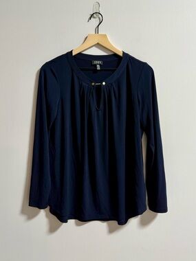 Jones New York Dark Navy Long-Sleeve Keyhole Pleated Top